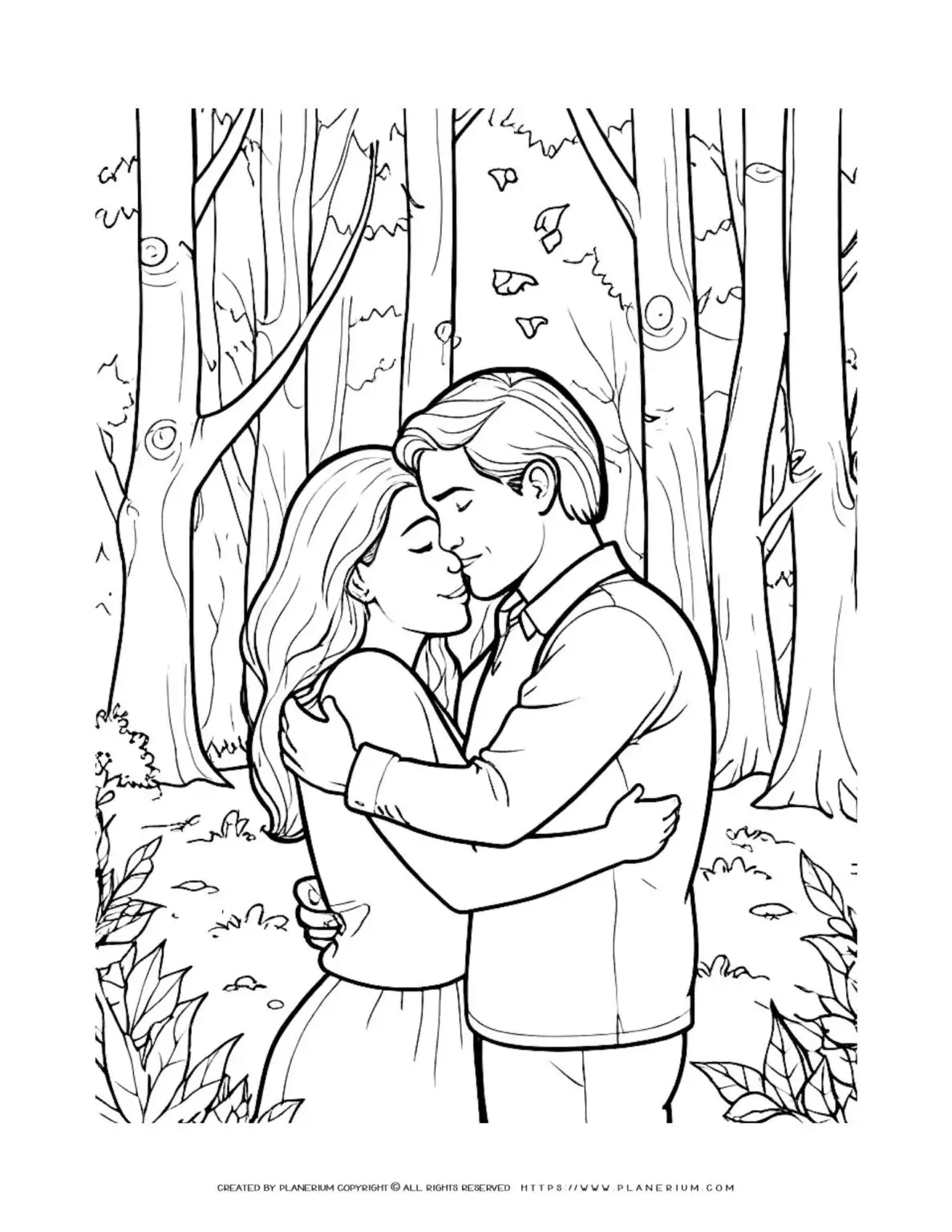 Couple embracing in a forest illustration