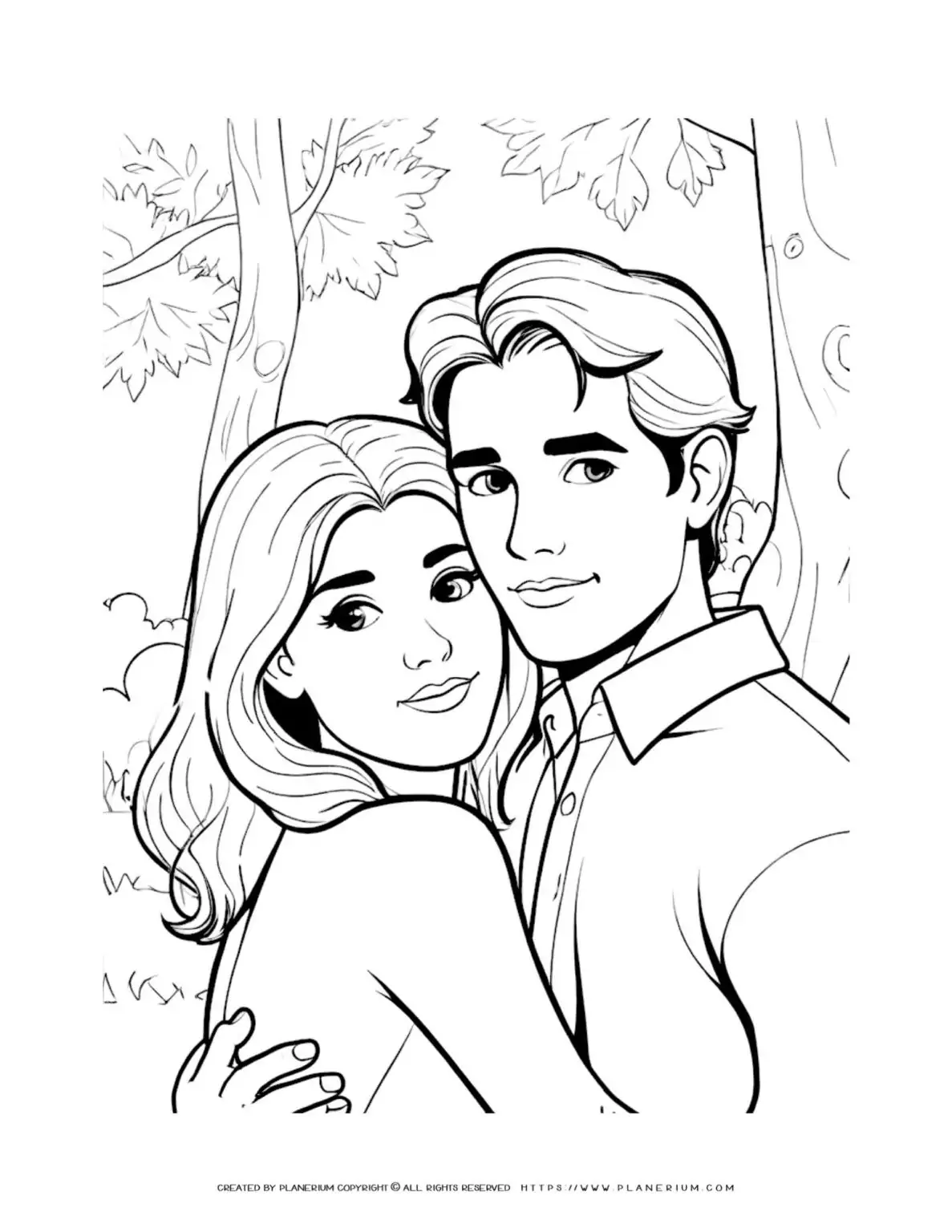 Romantic couple embracing in a forest.