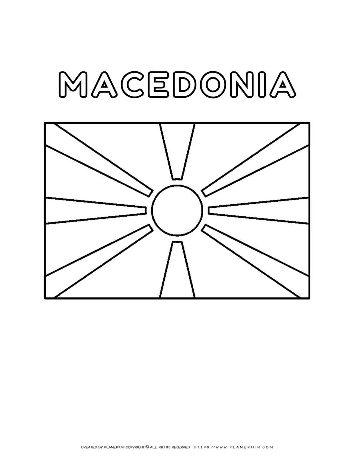 Coloring page of the Macedonia flag for kids to learn about the national symbol. Fun and educational activity for children.
