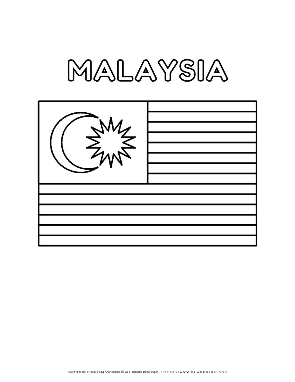 Malaysia flag coloring page for kids to learn about national symbols and colors. Perfect for educational activities and patriotic celebrations.