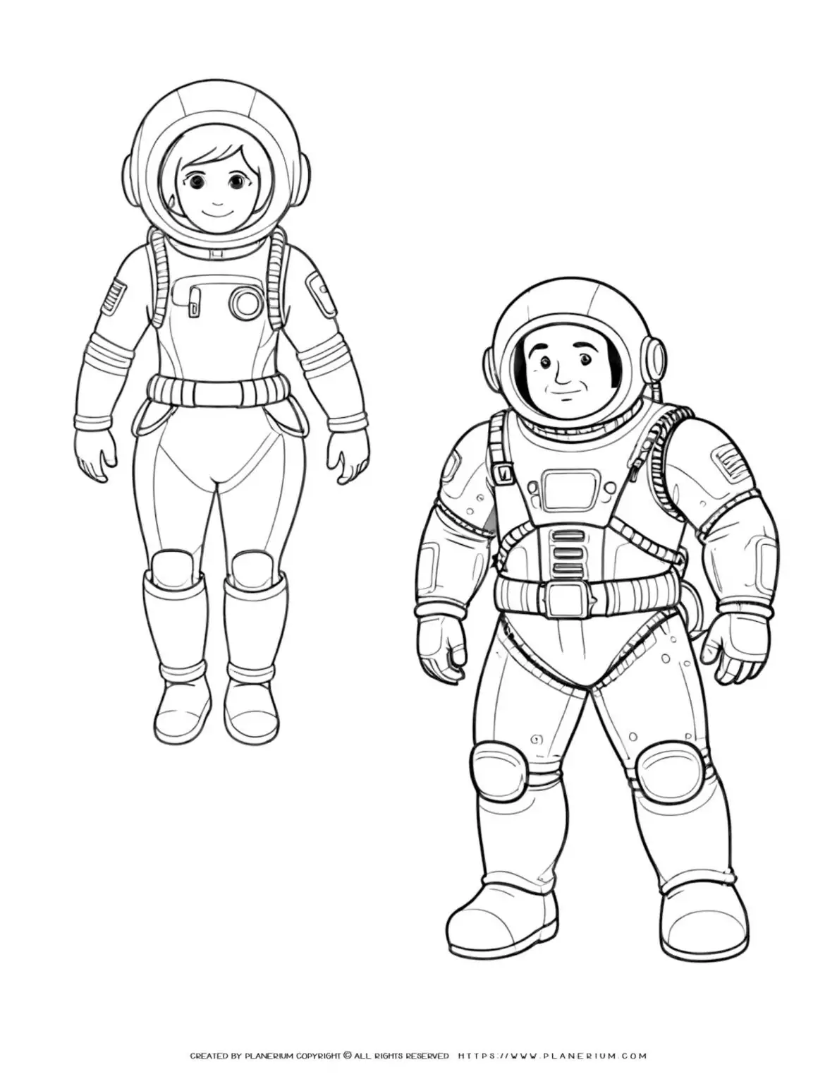 Astronaut characters coloring page illustration featuring male and female astronauts in space suits. Perfect for kids and space enthusiasts.