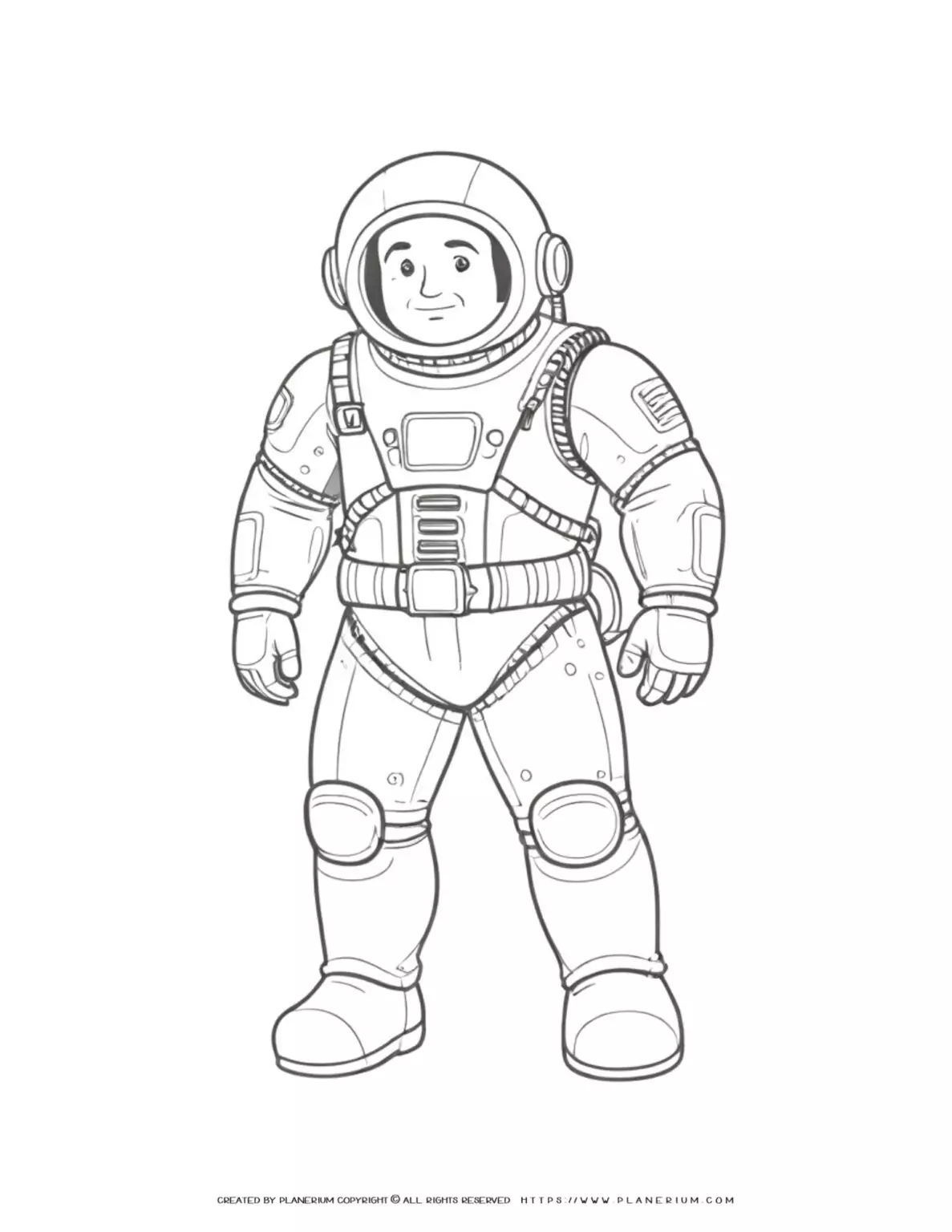 Illustration of a male astronaut in full body coloring page, perfect for kids and space enthusiasts.