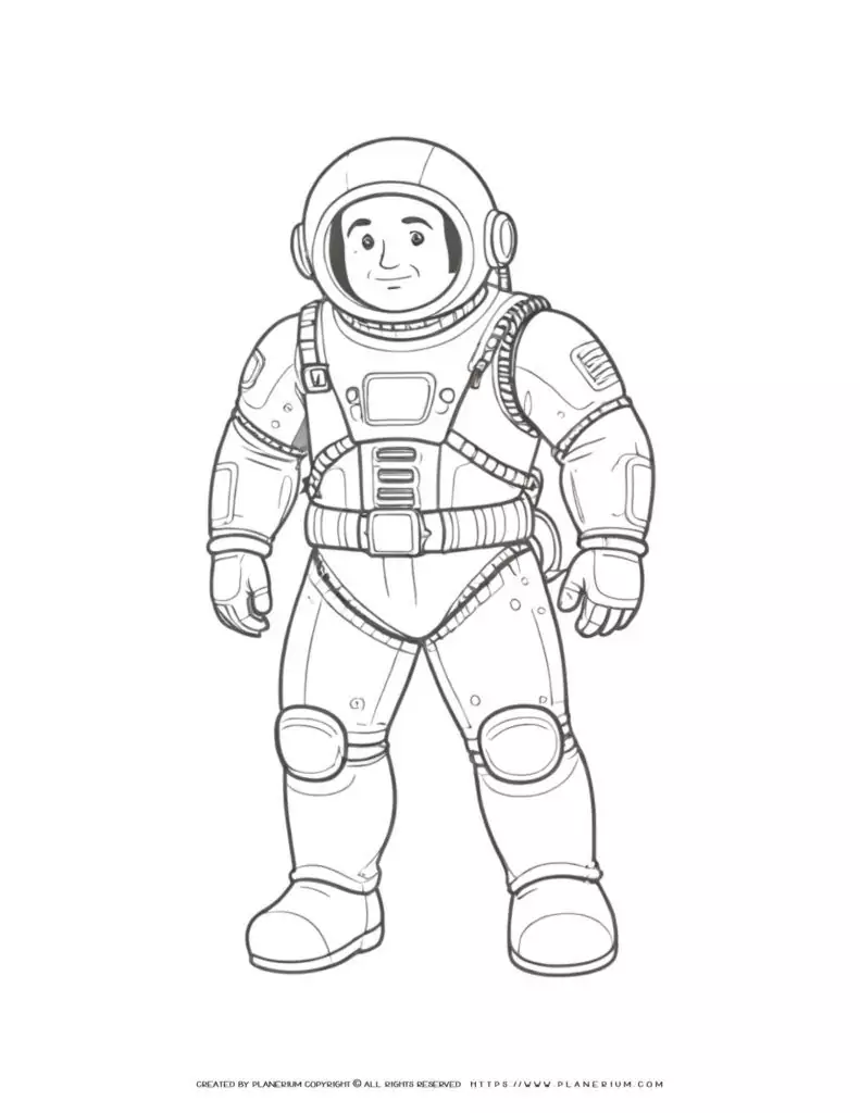 Illustration of a male astronaut in full body coloring page, perfect for kids and space enthusiasts.