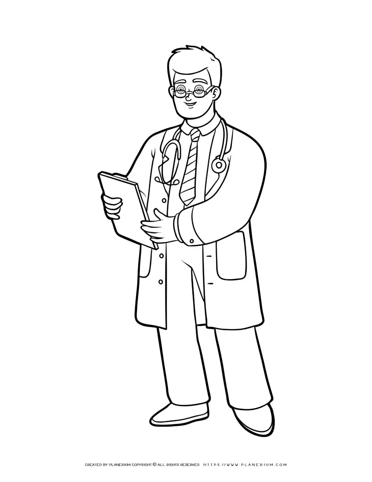 Male doctor character coloring page outline for kids. Perfect for art projects and creative activities. Ideal for learning about healthcare professions.