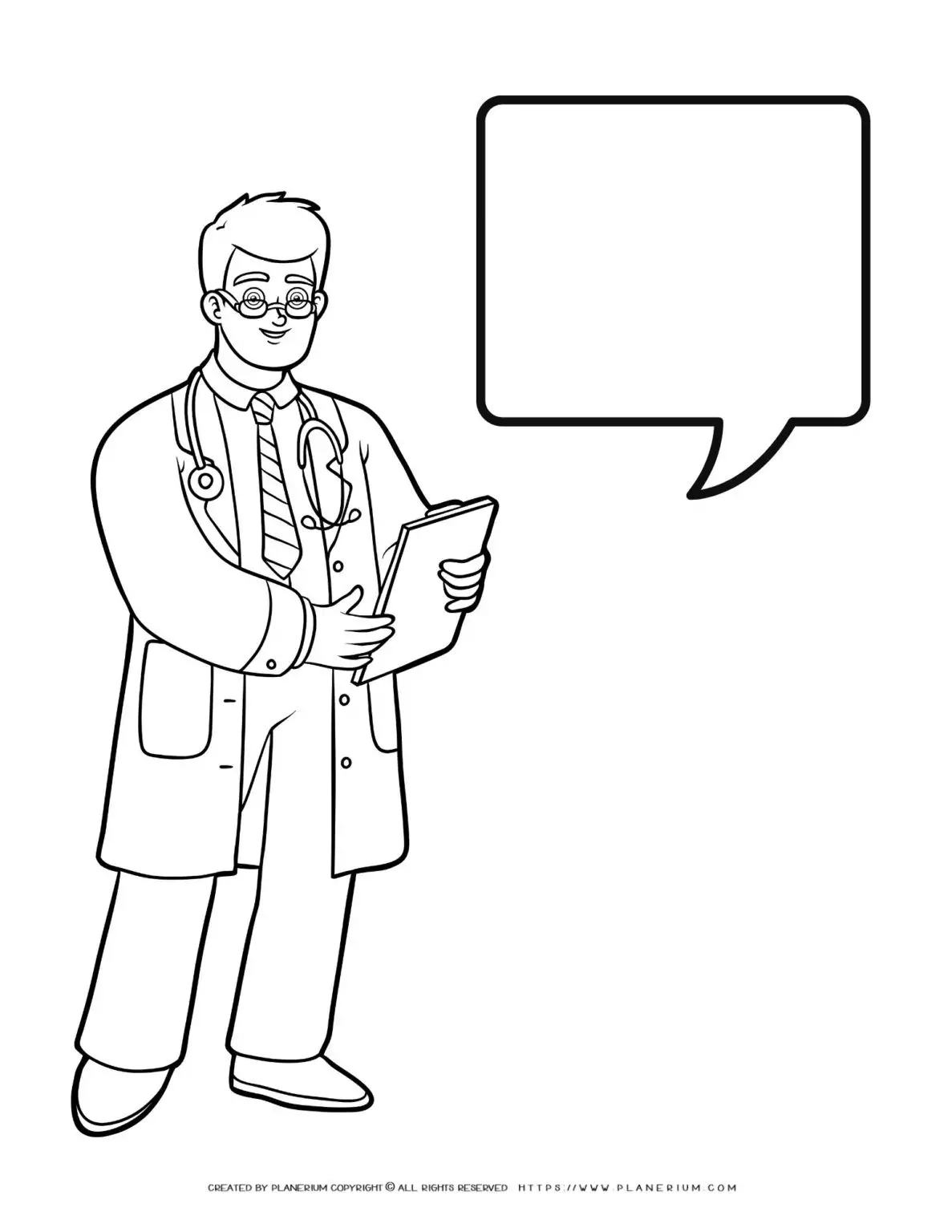 Male doctor illustration with full body and speech bubble outlines for medical concept design.