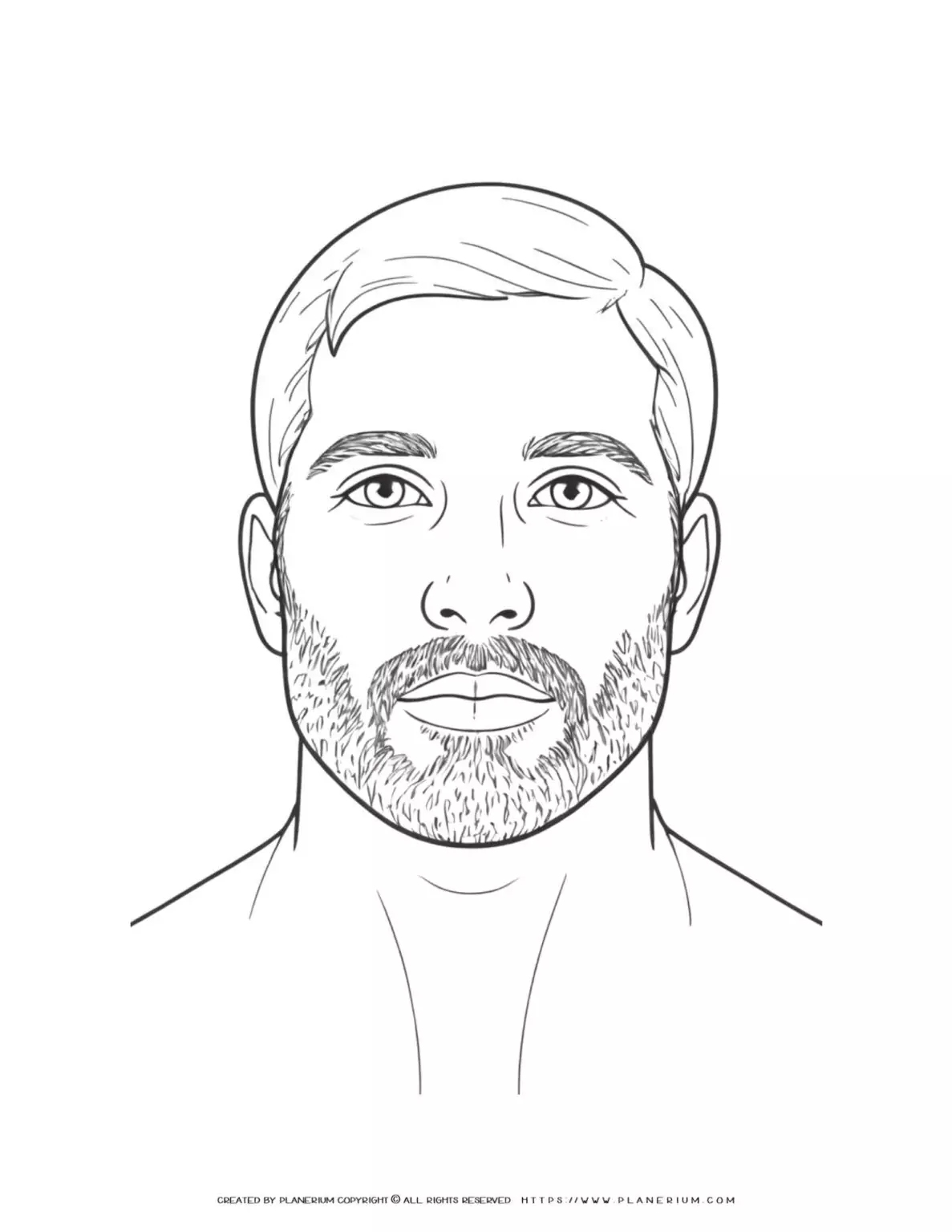 Bearded man portrait coloring page for adults. Detailed front view illustration of a male with beard. Perfect for relaxation and stress relief.