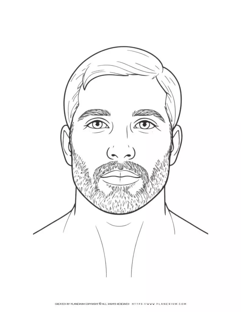 Bearded man portrait coloring page for adults. Detailed front view illustration of a male with beard. Perfect for relaxation and stress relief.