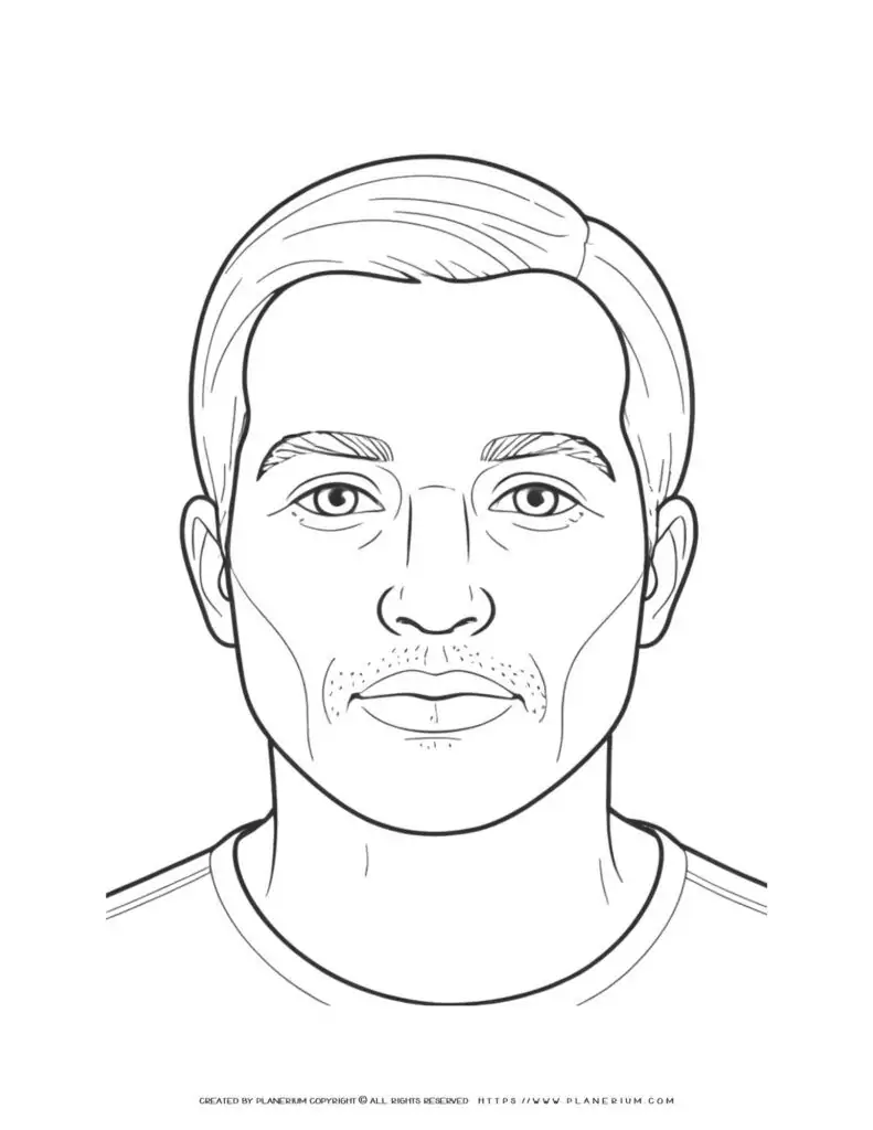 Man portrait front view illustration coloring page for adults. Detailed line art design for stress relief and relaxation. Perfect for art therapy.