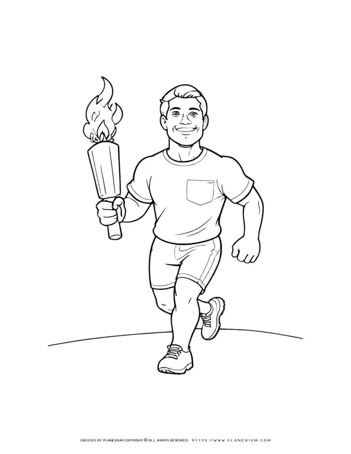 Coloring page of a male comic character running with a torch. Fun and engaging activity for kids. Ideal for art and creativity development.
