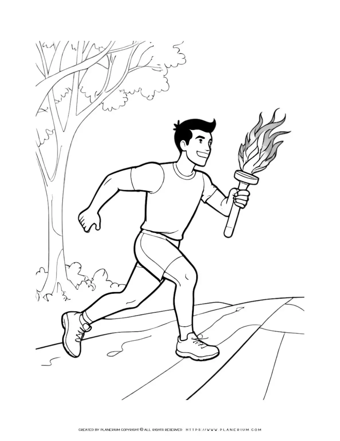 Coloring page of a man running with a torch in nature. Ideal for kids and adults. Perfect for relaxation and creativity.