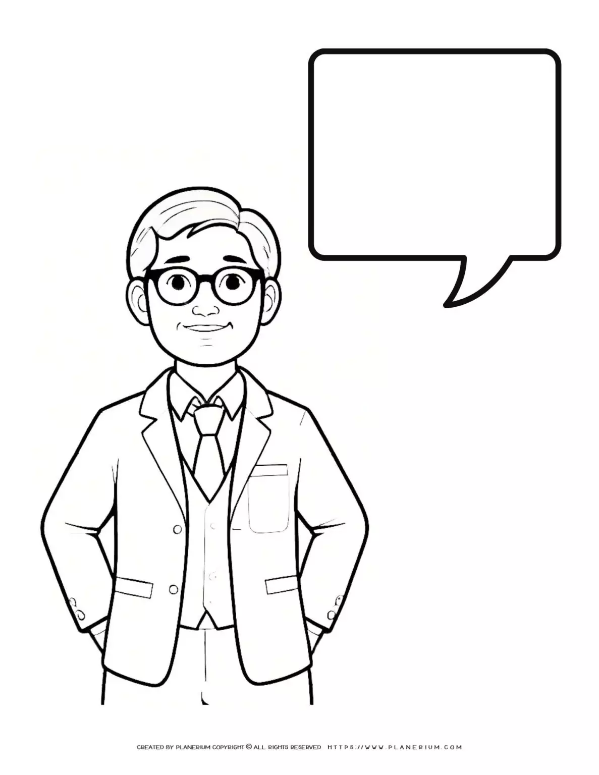 Professional man with glasses wearing a suit with speech bubble outlines beside him