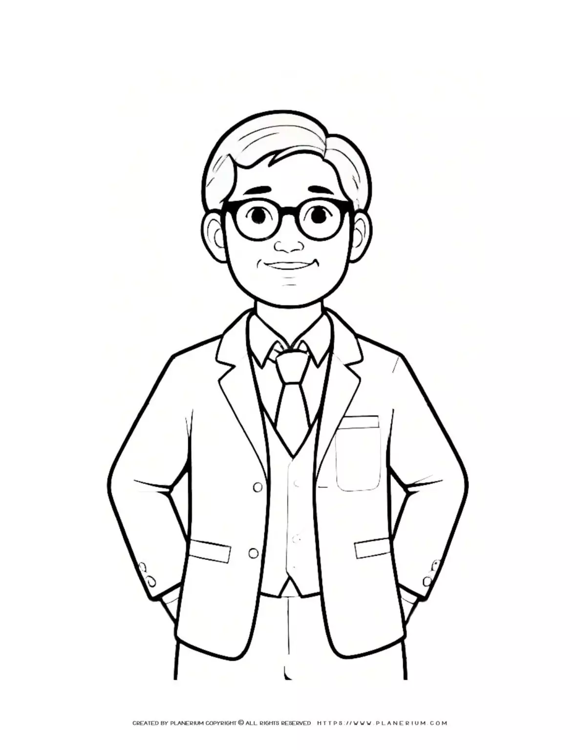 Professional man in glasses and formal attire coloring page for adults. Perfect for stress relief and relaxation. Ideal for business-themed coloring books.