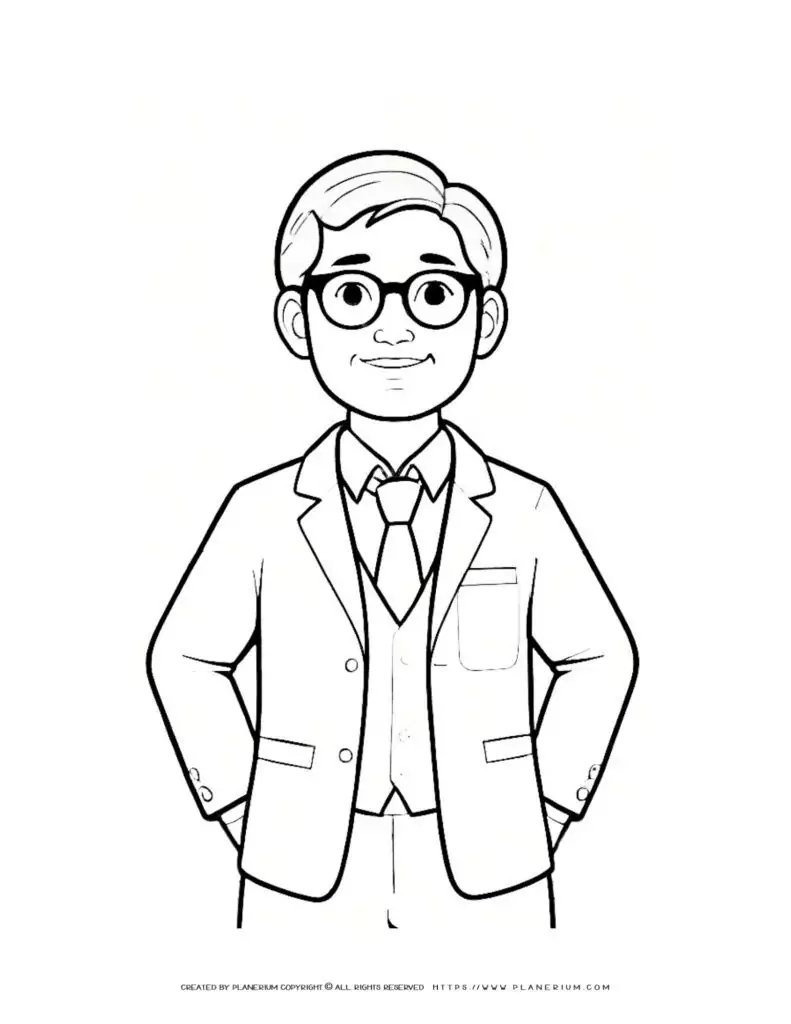 Professional man in glasses and formal attire coloring page for adults. Perfect for stress relief and relaxation. Ideal for business-themed coloring books.