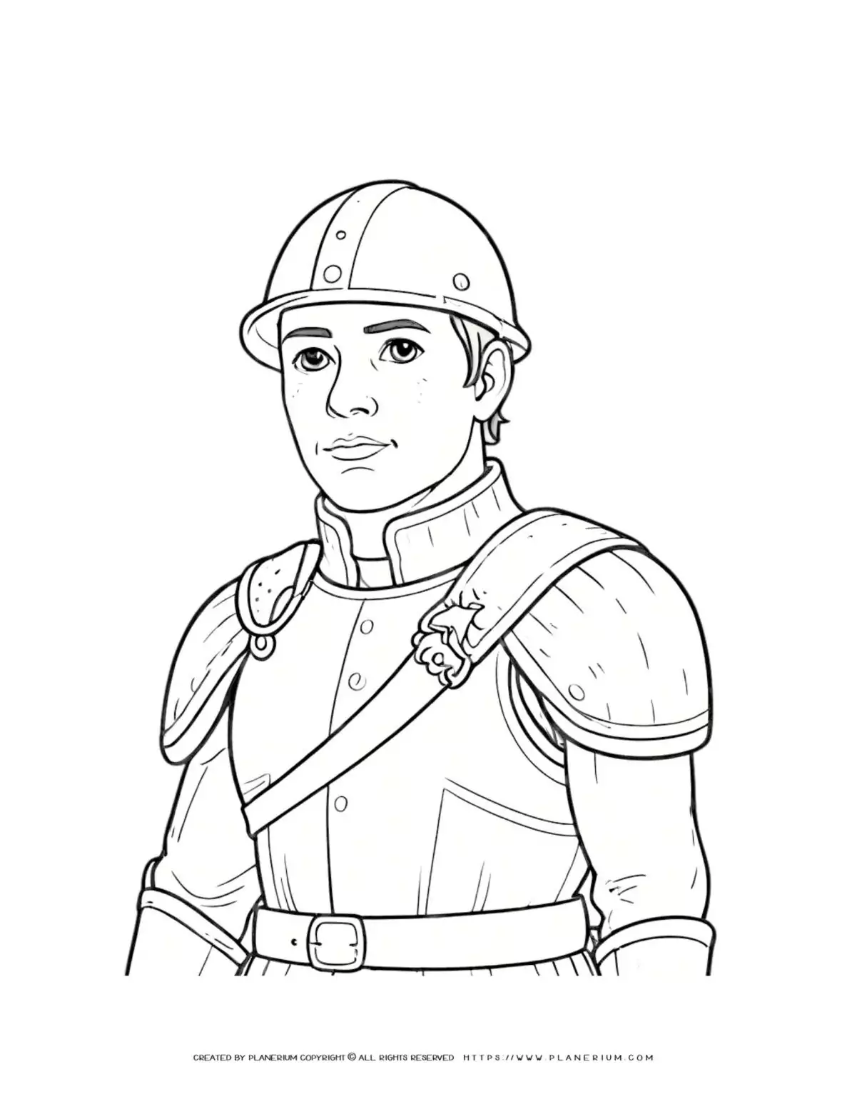 Medieval armored soldier portrait military coloring page for kids and adults. Perfect for history enthusiasts and art lovers.