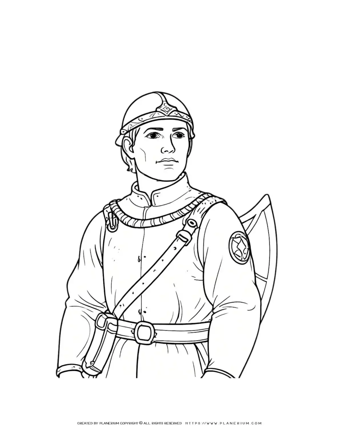 Medieval guard holding shield coloring page illustration for kids medieval coloring activities.