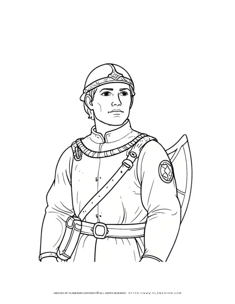 Medieval guard holding shield coloring page illustration for kids medieval coloring activities.