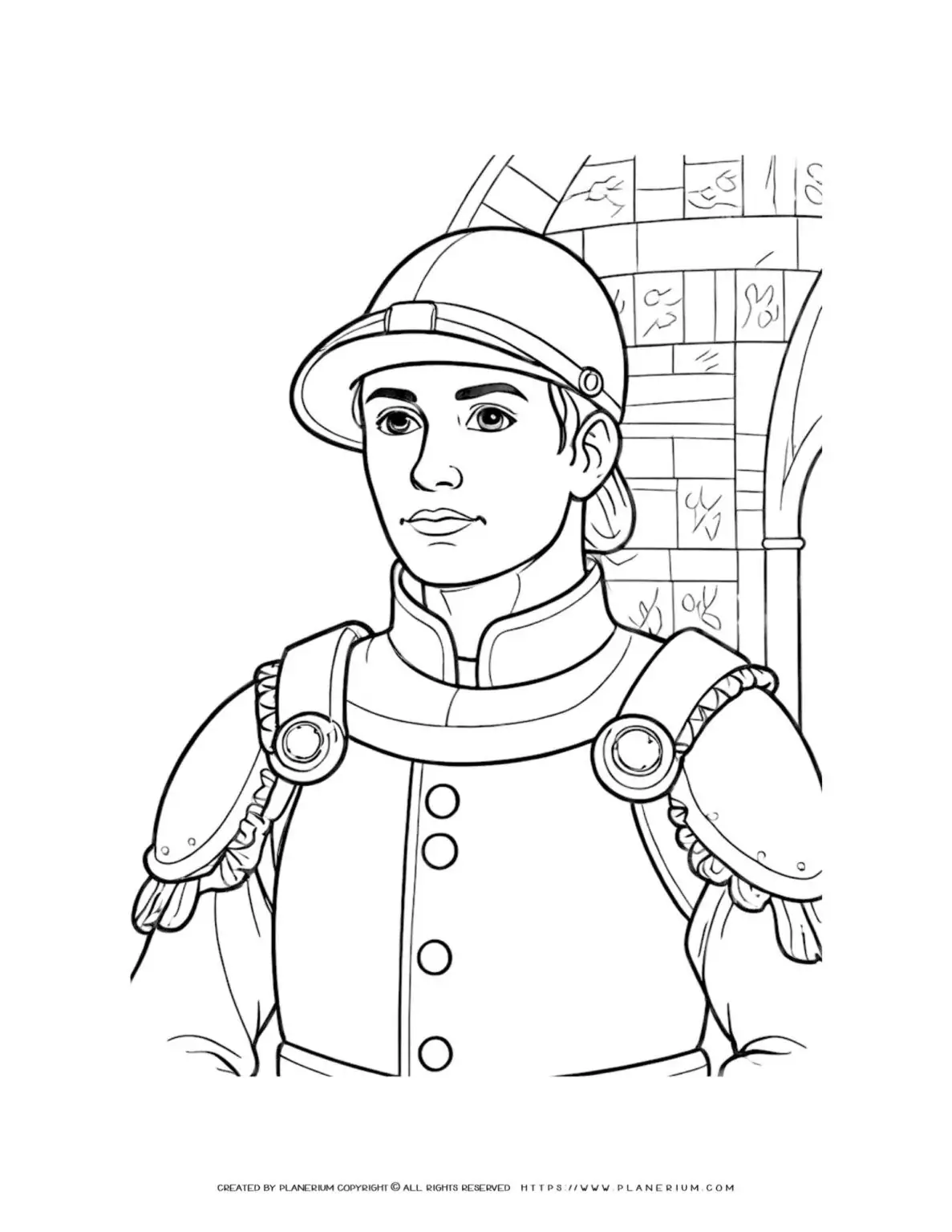 Medieval knight in castle interior coloring page for kids, historical theme coloring sheet, printable activity for children.