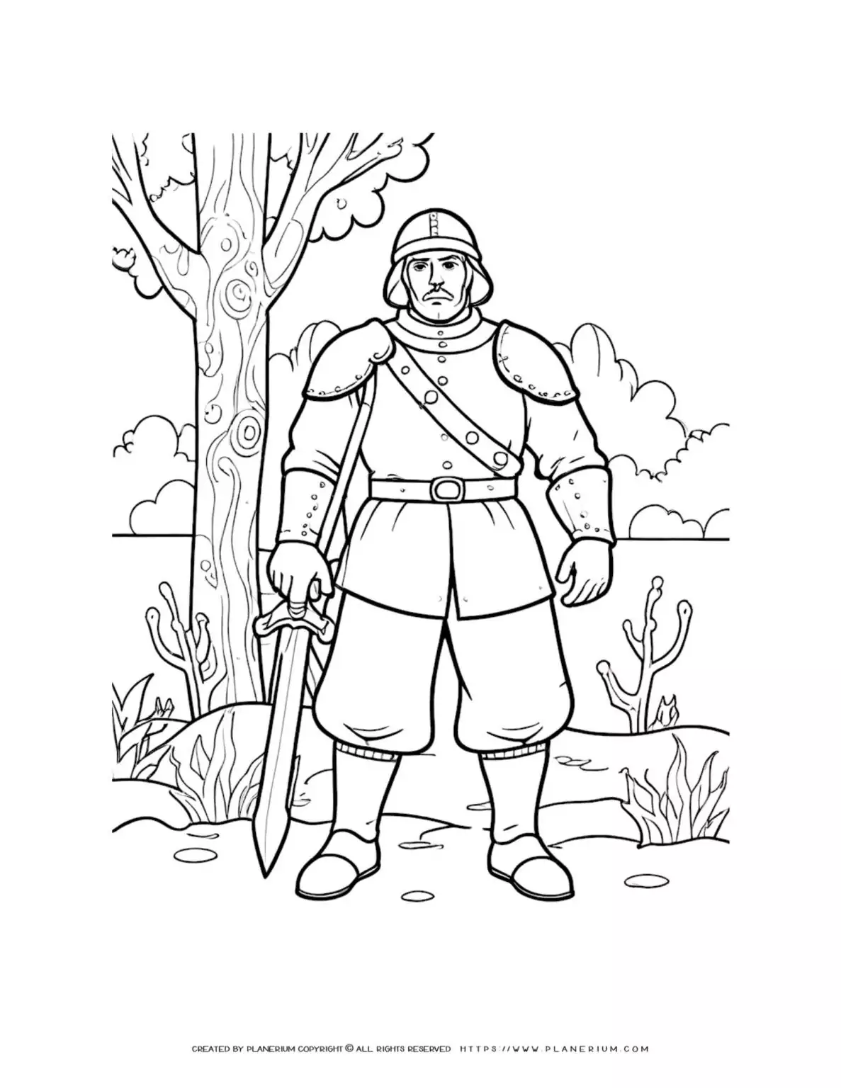 Medieval soldier with sword in hand, outdoor coloring page illustration for kids. Ideal for history lessons and educational activities.