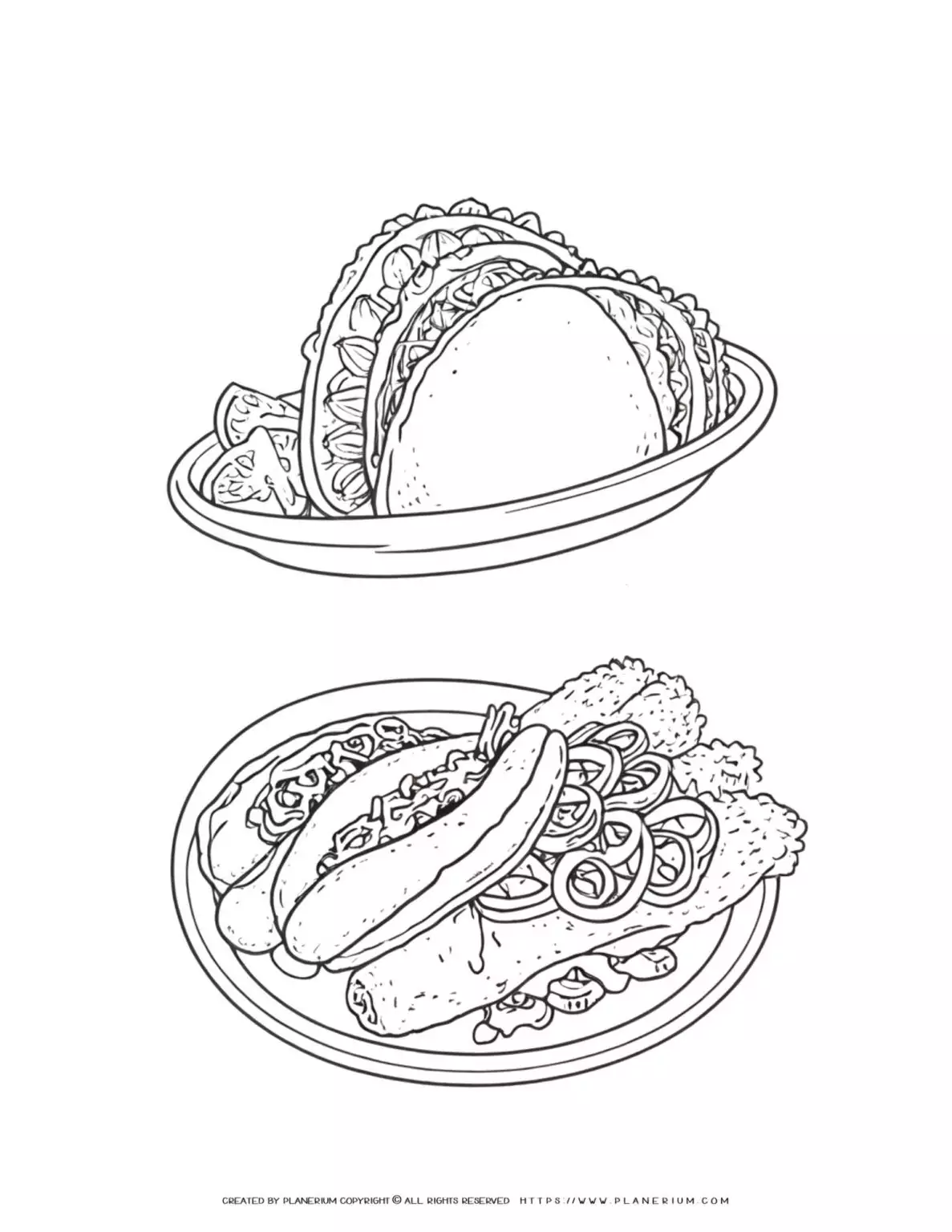 Illustration of tacos and hot dogs on plates