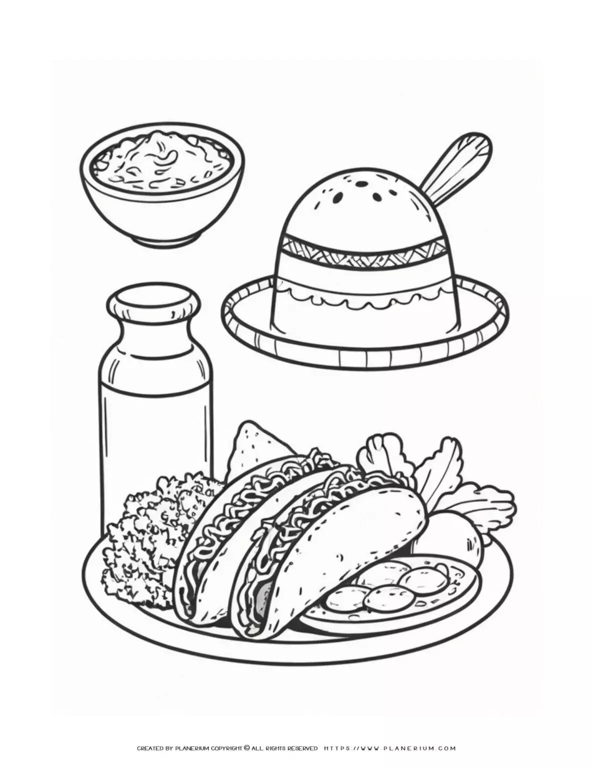 Outline of Mexican food: tacos, drink, sombrero, dip.