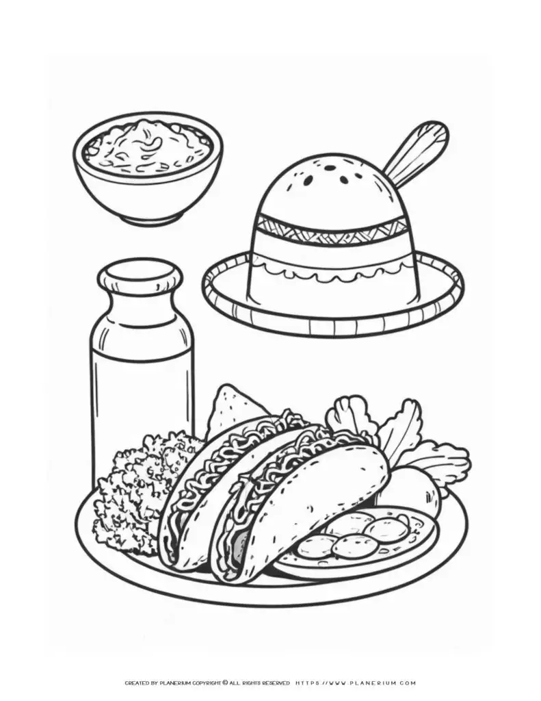 Outline of Mexican food: tacos, drink, sombrero, dip.