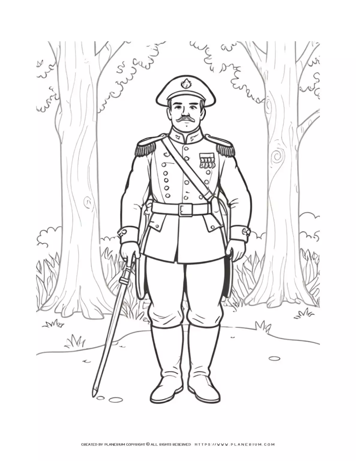 Military officer in forest, wearing decorated uniform coloring page for kids. Perfect for learning about ranks and symbols in the military.
