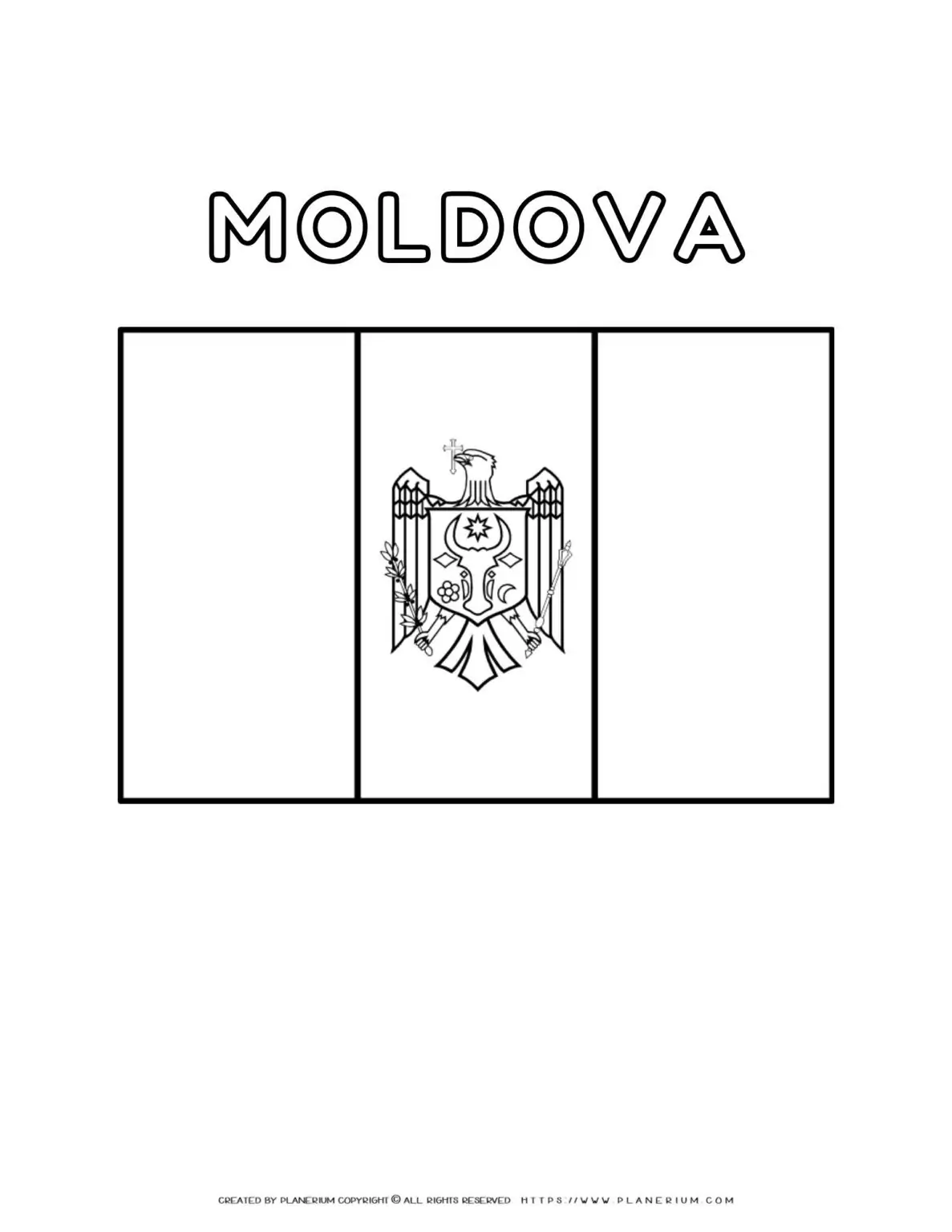 Moldova flag coloring page for kids to learn about national symbols and colors. Perfect for educational activities and patriotic crafts.
