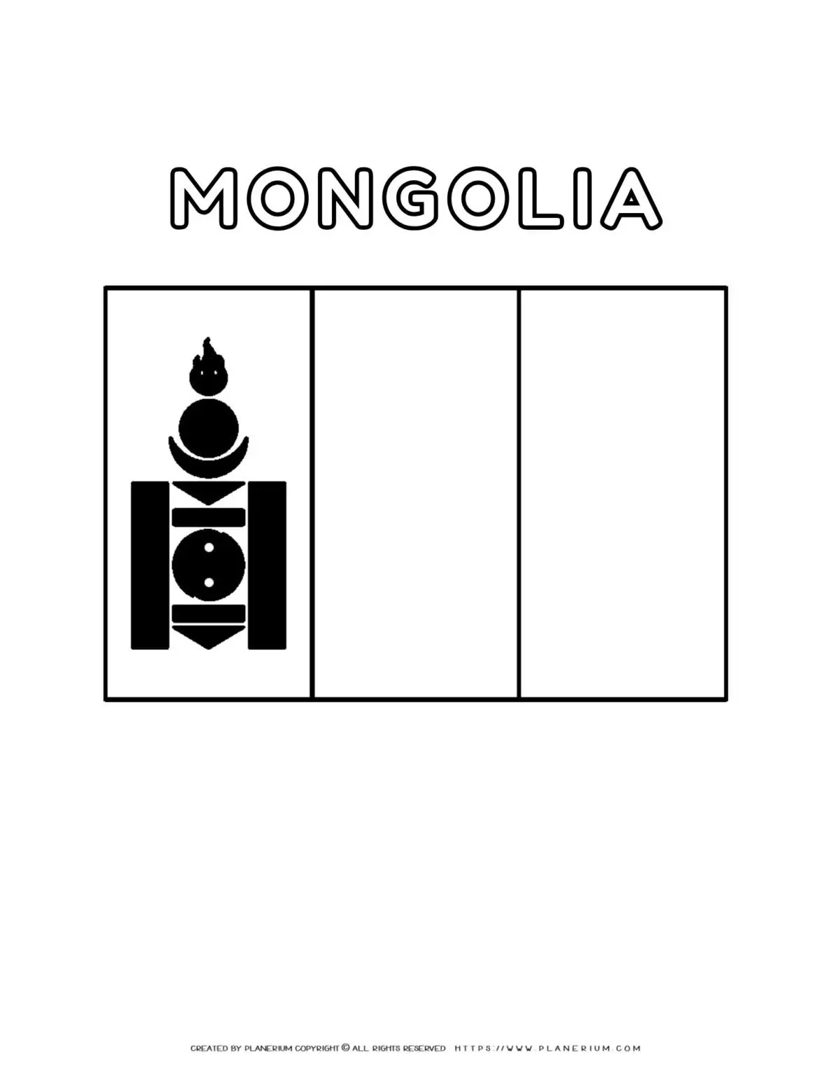 Mongolia flag coloring page for kids to learn about national symbols and colors. Perfect for educational activities and patriotic crafts.