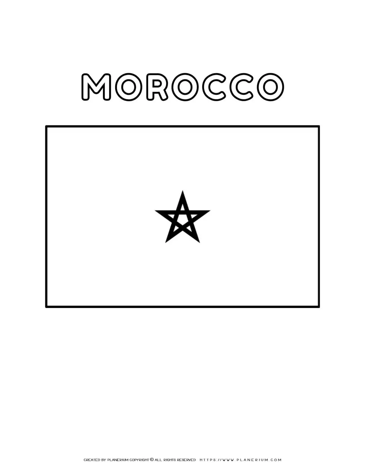 Morocco flag coloring page for kids to learn about national symbols and colors. Perfect for educational activities and cultural studies.
