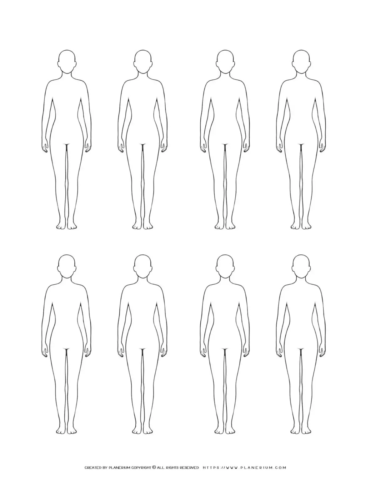 Eight identical female body outline templates