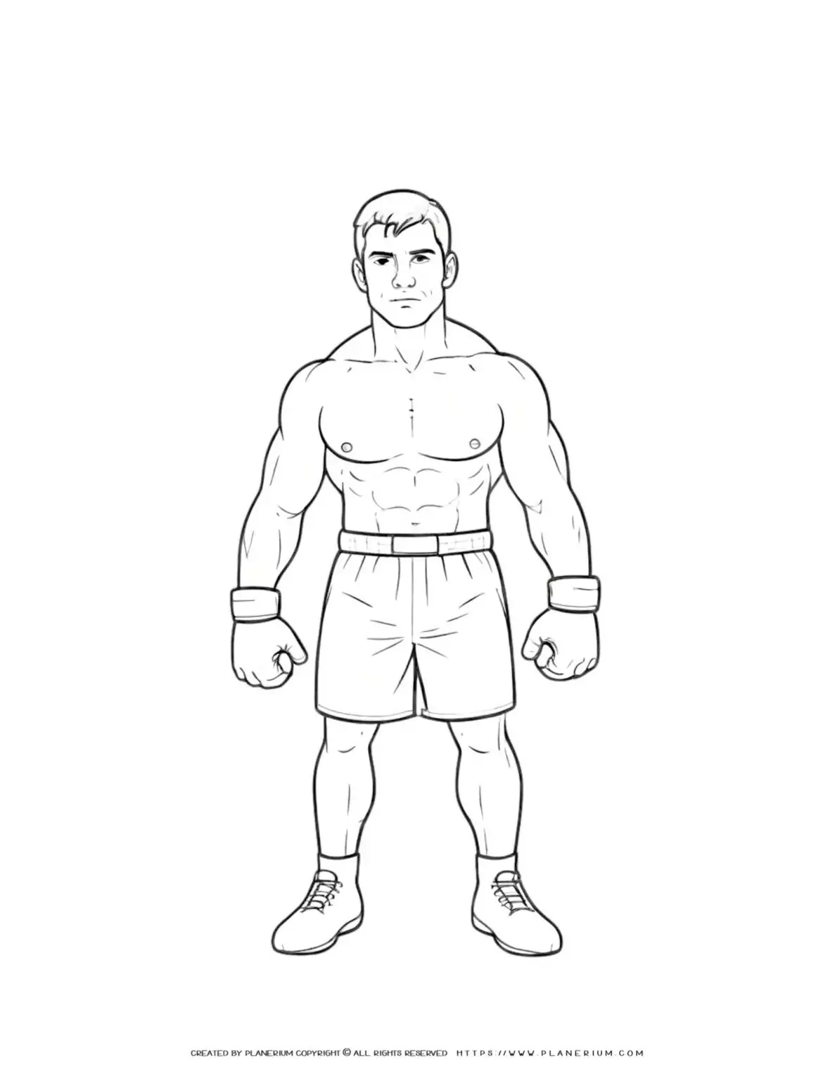 Coloring page of a male boxer for kids to enjoy. Perfect for boxing fans and sports enthusiasts. Ideal for creative activities and learning about sports.