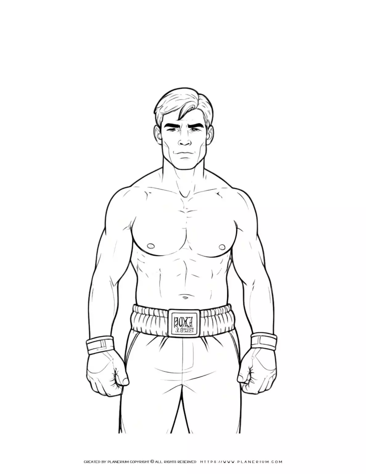 Coloring page of male boxer in front view, perfect for kids and adults. Ideal for sports enthusiasts and boxing fans. Great for relaxation and creativity.