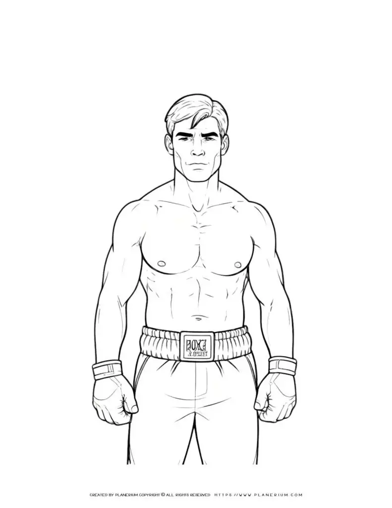 Coloring page of male boxer in front view, perfect for kids and adults. Ideal for sports enthusiasts and boxing fans. Great for relaxation and creativity.