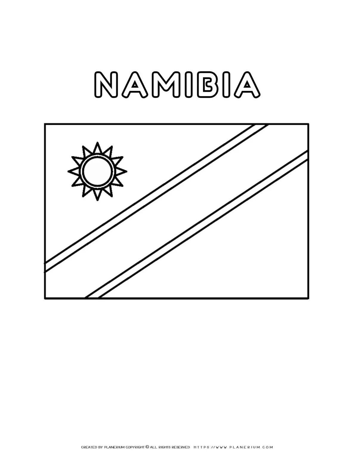 Namibia flag coloring page for kids to learn about African countries. Perfect for educational purposes and cultural awareness activities.