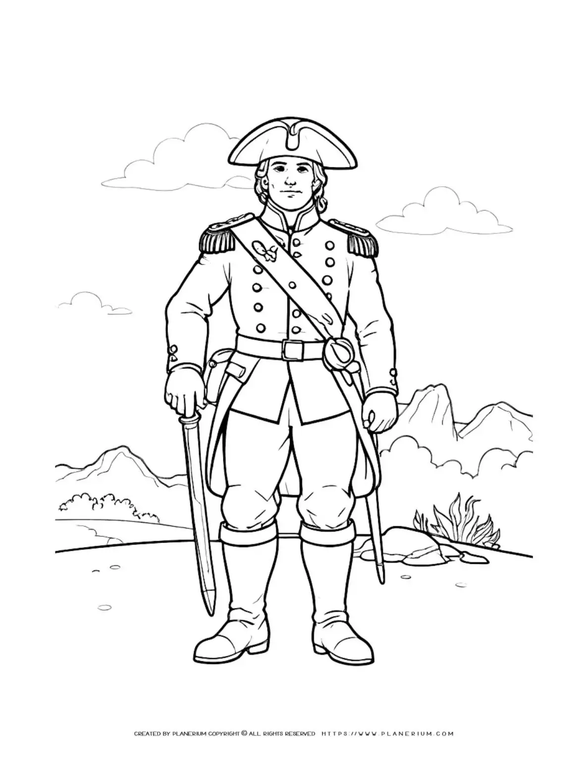 Naval officer coloring sheet featuring a historical figure in a mountainous landscape. Perfect for history enthusiasts and educational use.
