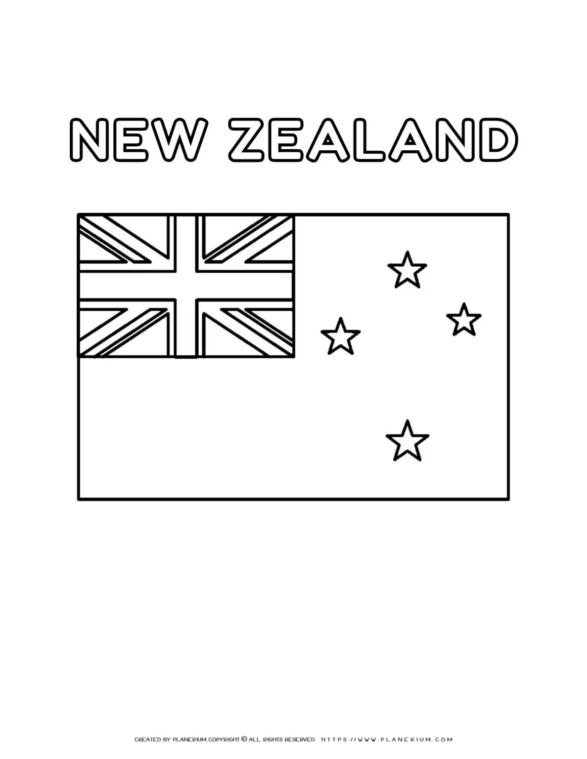 Coloring page of New Zealand flag for kids to learn about national symbols and colors. Perfect for educational activities and patriotic celebrations.