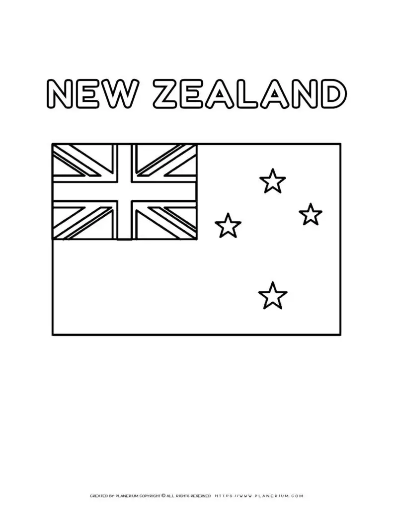 Coloring page of New Zealand flag for kids to learn about
  national symbols and colors. Perfect for educational activities and patriotic
  celebrations.