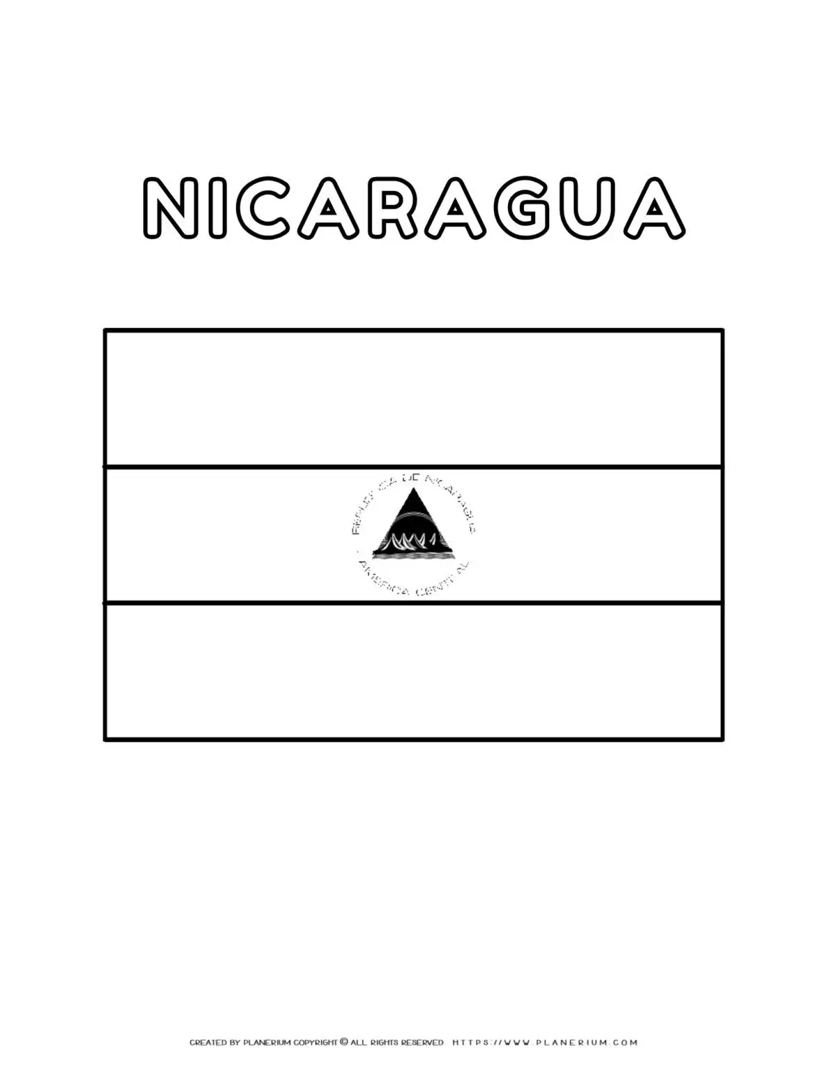 Nicaragua flag coloring page for kids to learn about Central American country's national symbol. Perfect for educational activities and cultural exploration.