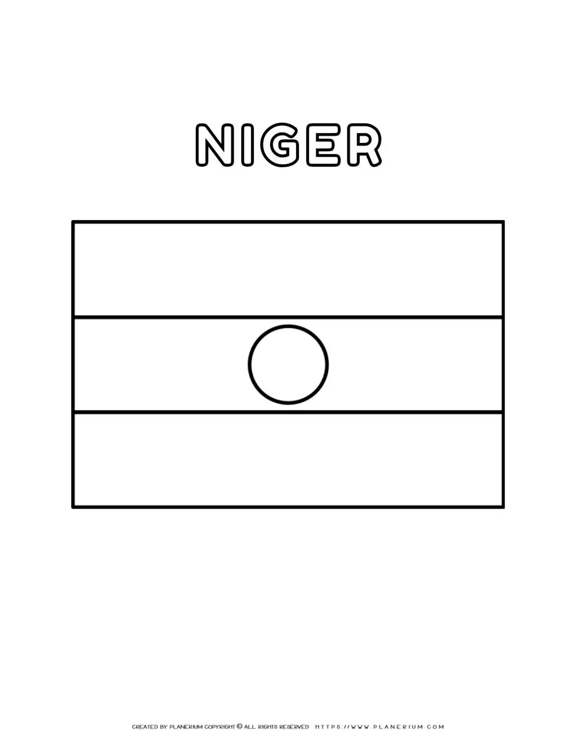 Niger flag coloring page for kids to learn about African countries. Printable activity featuring the national flag of Niger. Great for geography lessons.