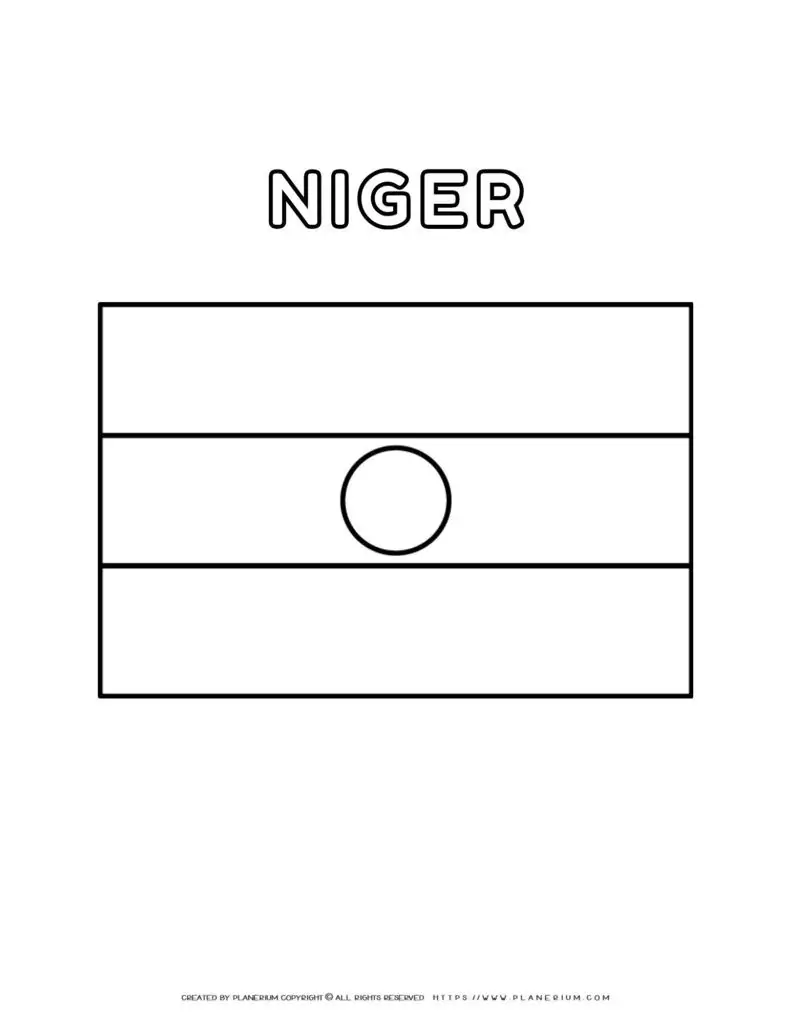 Niger flag coloring page for kids to learn about African
  countries. Printable activity featuring the national flag of Niger. Great for
  geography lessons.