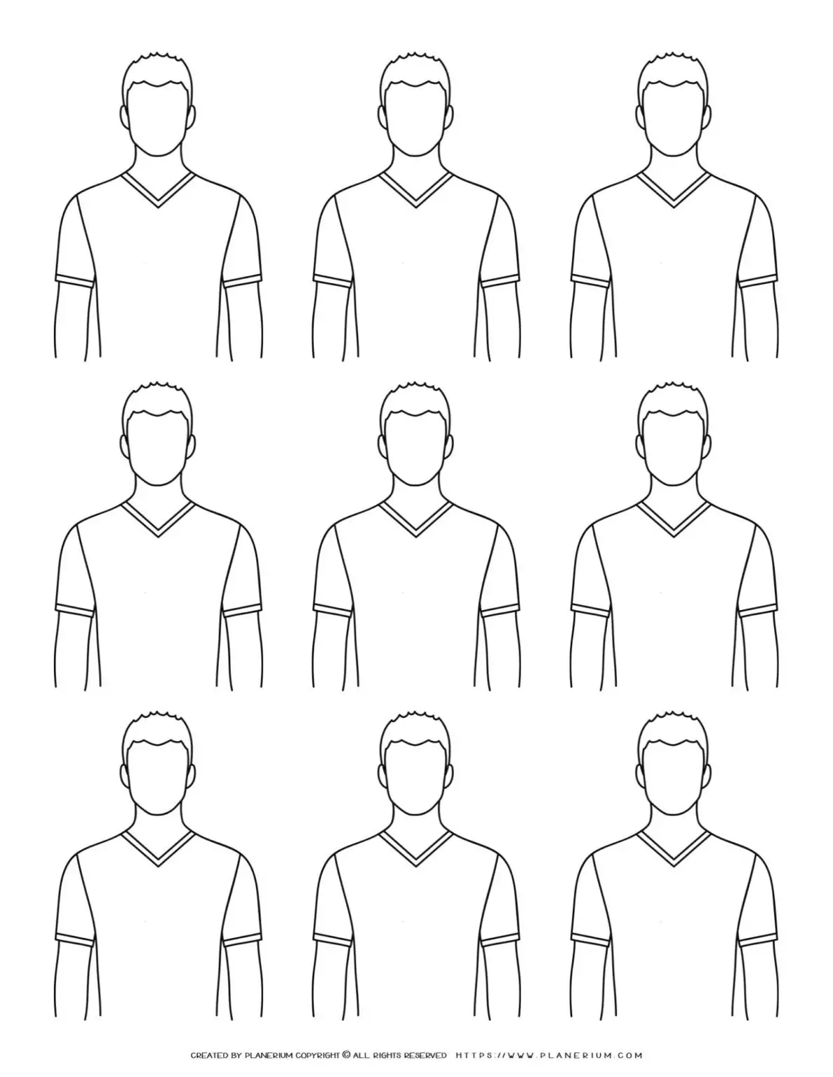 Nine shirt v-neck outline drawings.
