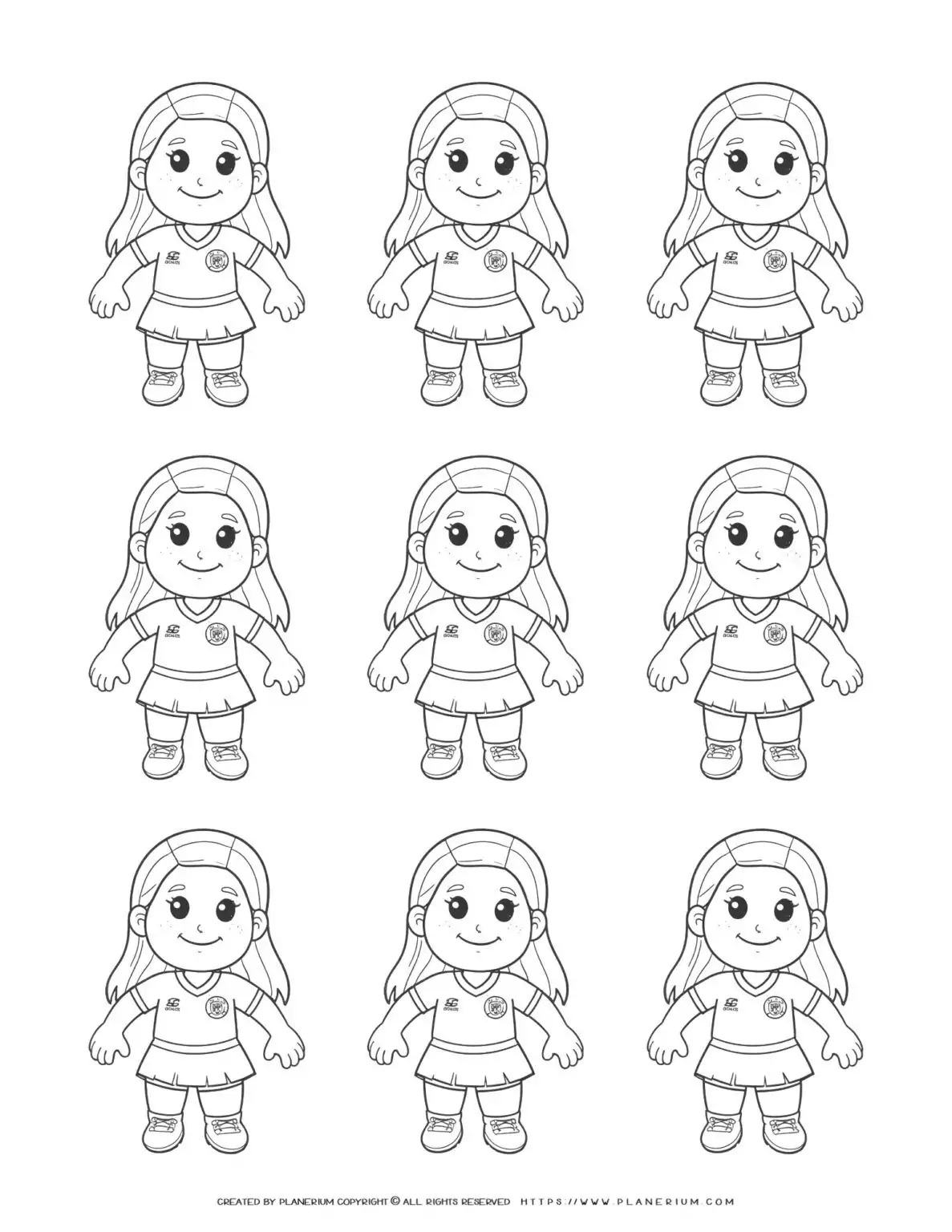 Nine identical comic soccer girls players standing outlines for sports team concept illustration.