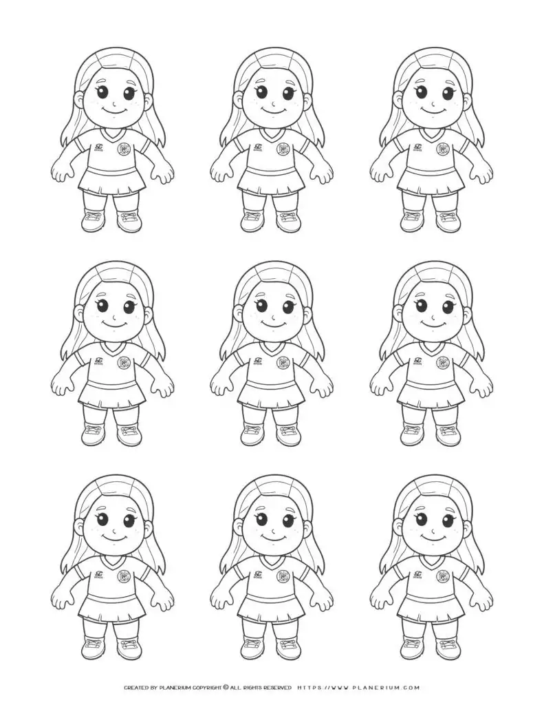 Nine identical comic soccer girls players standing outlines for sports team concept illustration.