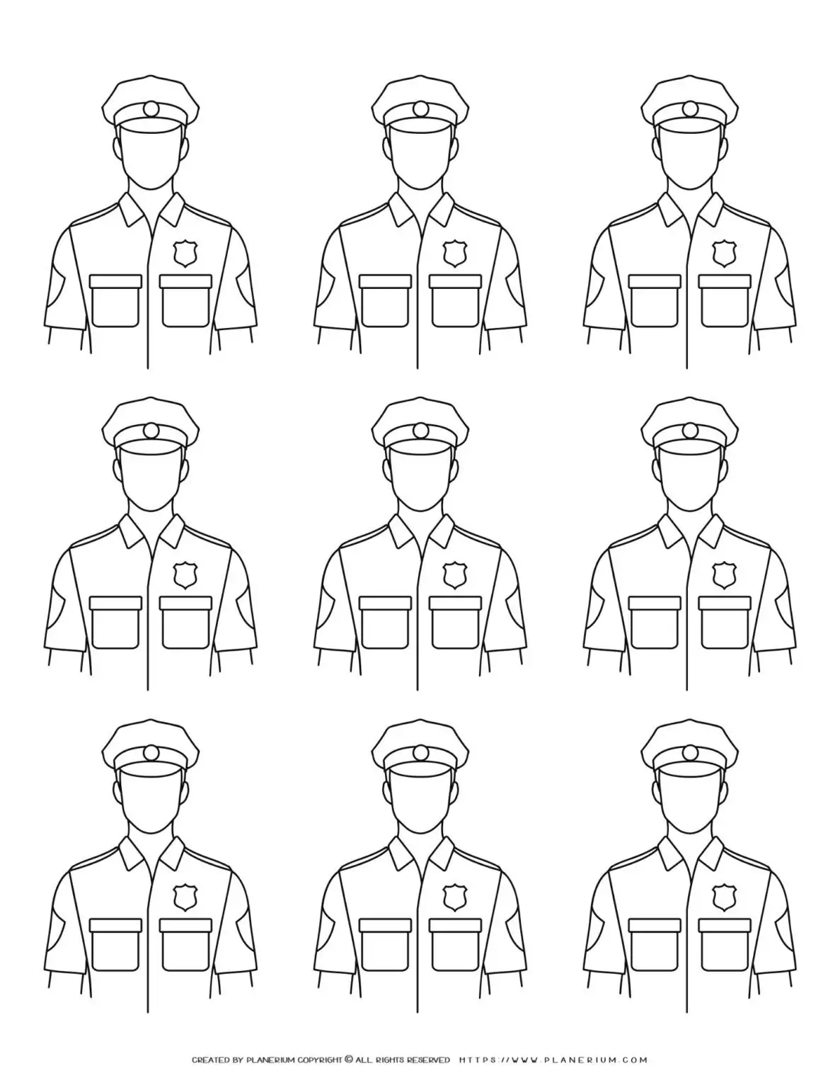 Outline illustrations of nine police officers