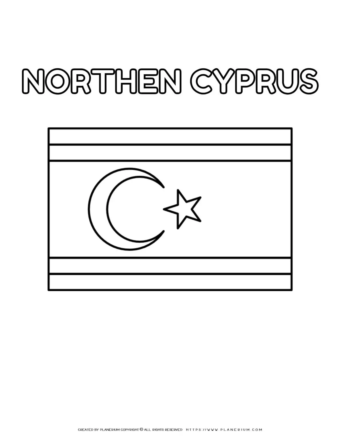 Coloring page of the flag of Northern Cyprus for kids to learn about the country's national symbol. Perfect for educational use and fun activities.