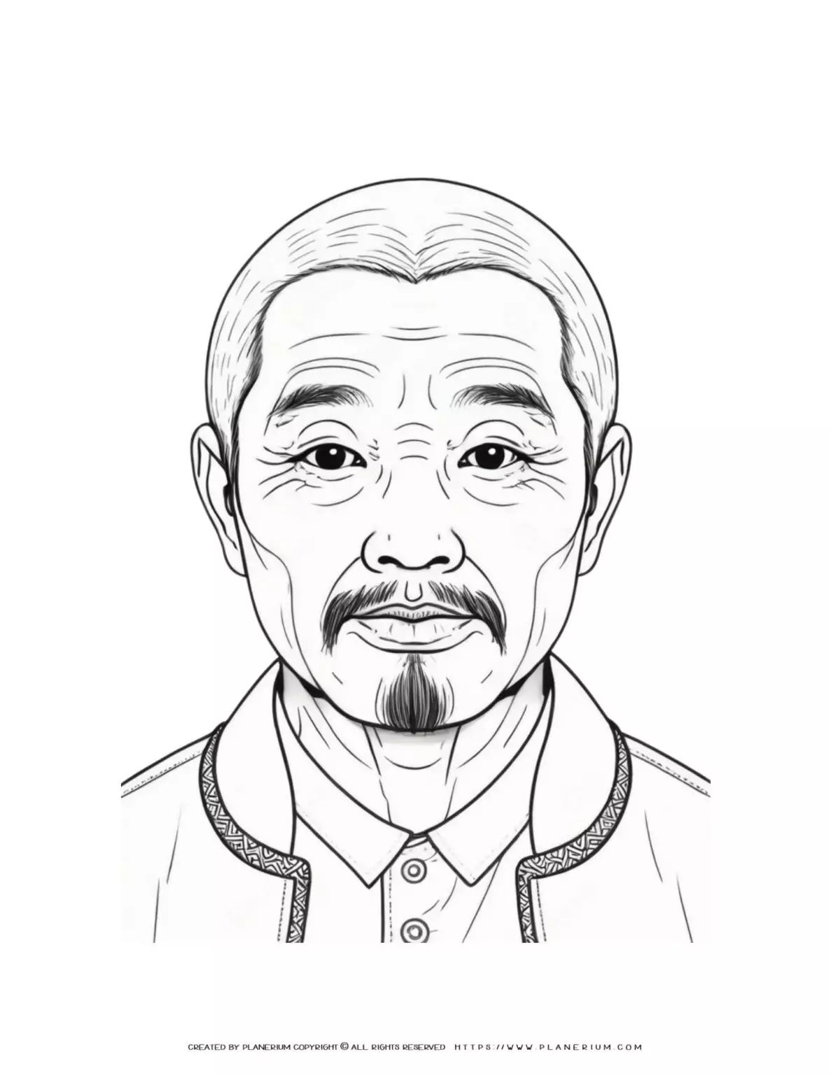 Chinese elderly man with a beard in a front view portrait illustration coloring page. Traditional Asian character drawing.