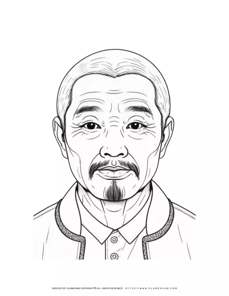 Chinese elderly man with a beard in a front view portrait illustration coloring page. Traditional Asian character drawing.