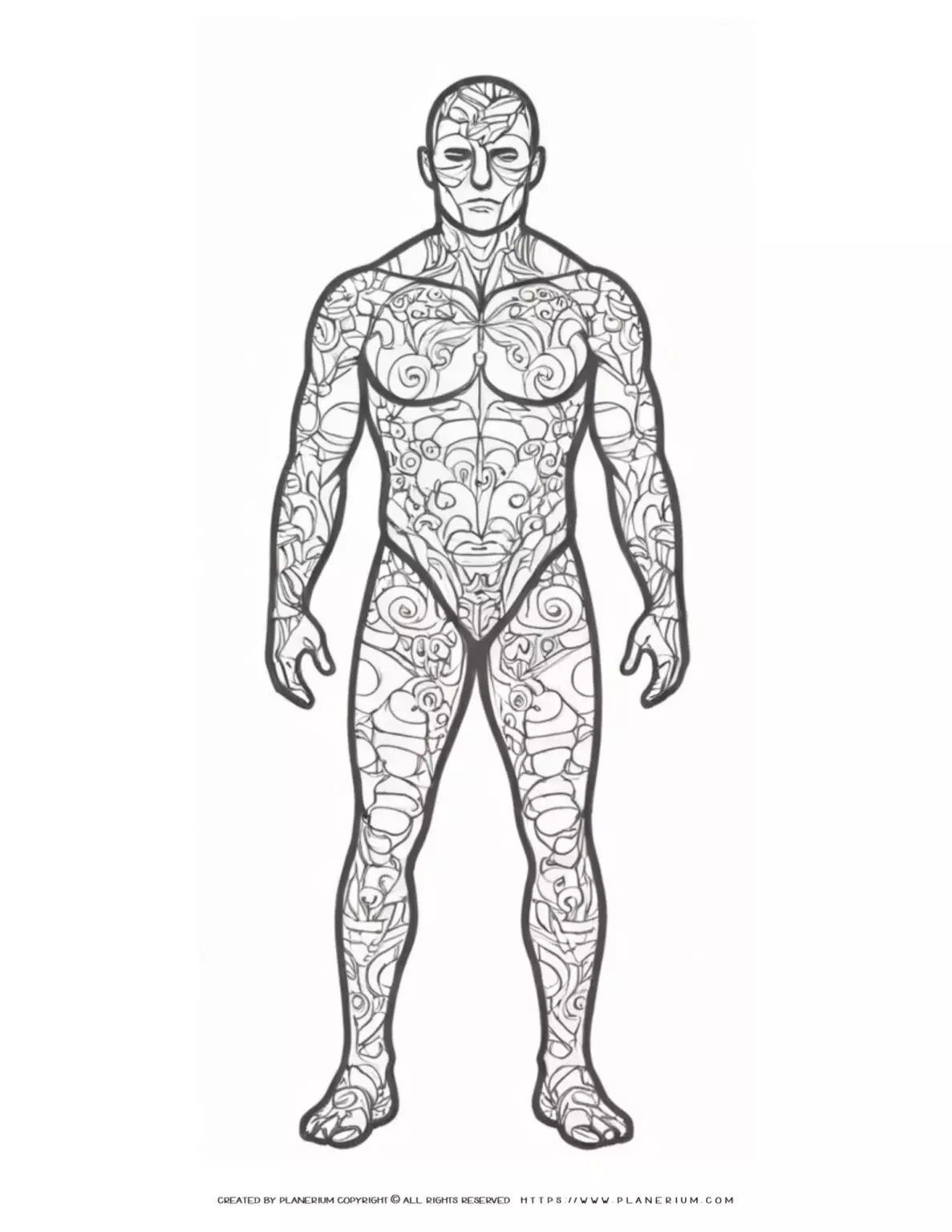 Intricate tattoo design on full-body male figure.