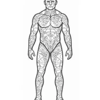 Intricate tattoo design on full-body male figure.