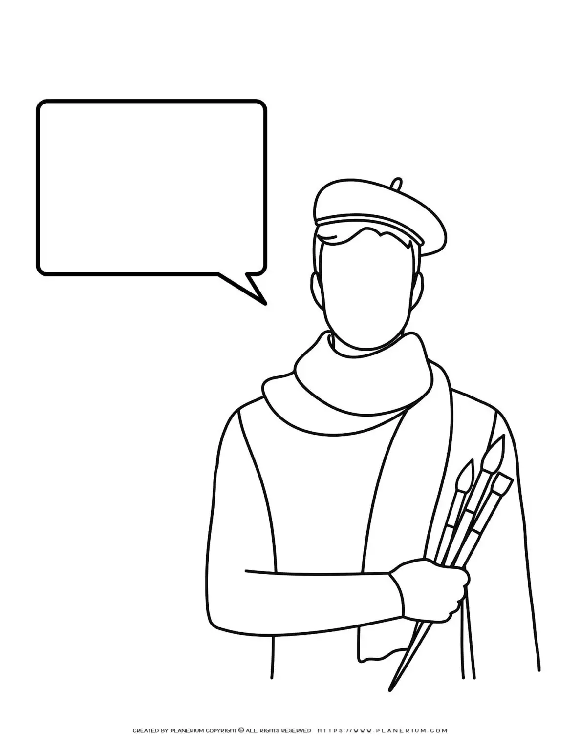 Outline of artist holding paintbrushes with speech bubble.